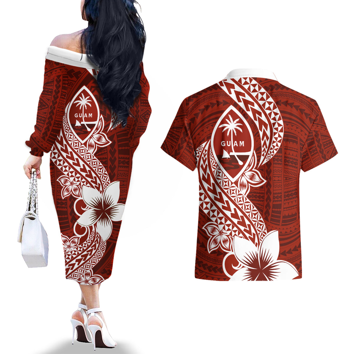Hafa Adai Guam Couples Matching Off The Shoulder Long Sleeve Dress and Hawaiian Shirt Polynesian Floral Red Pattern LT01 - Polynesian Pride
