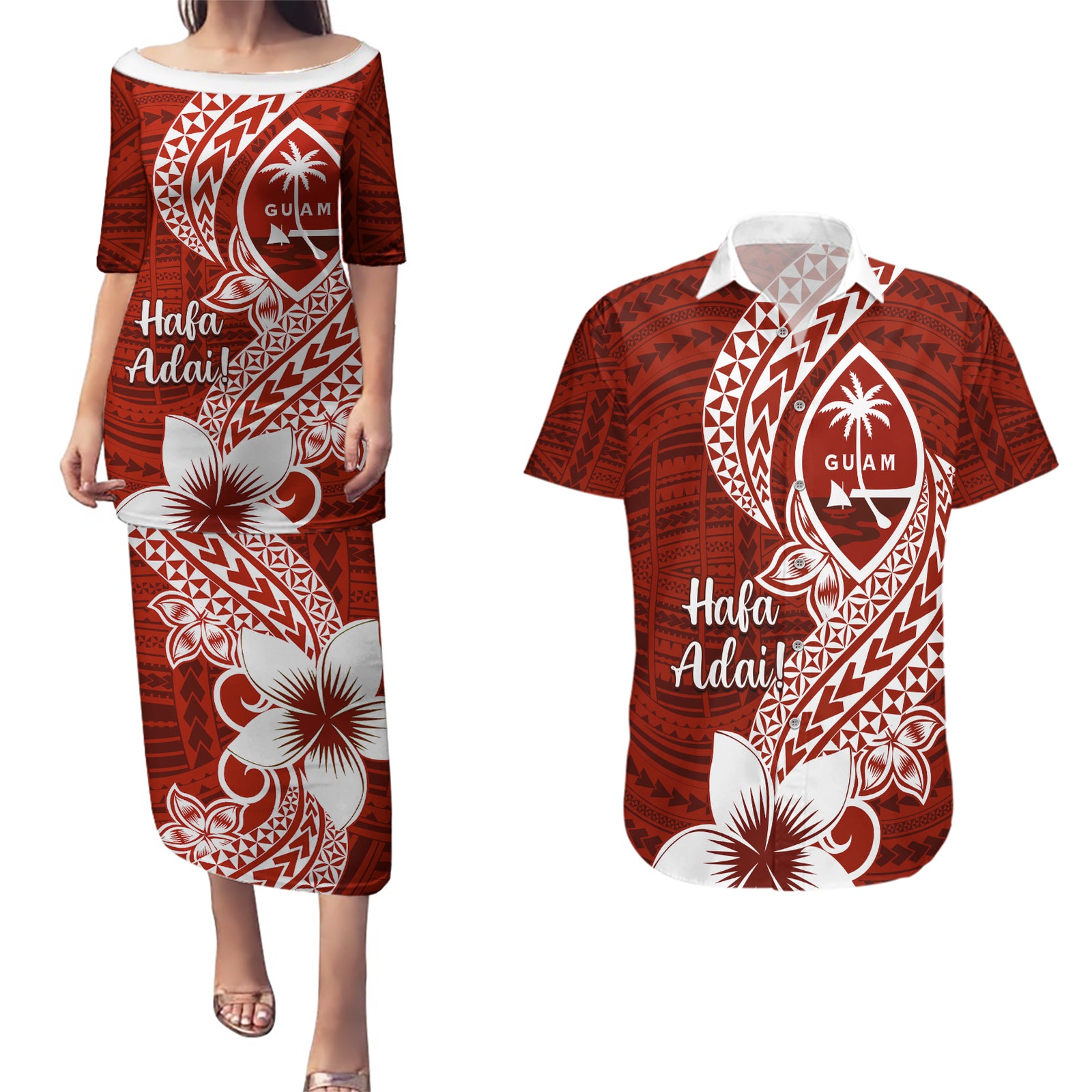Hafa Adai Guam Couples Matching Puletasi Dress and Hawaiian Shirt Polynesian Floral Red Pattern LT01 Red - Polynesian Pride