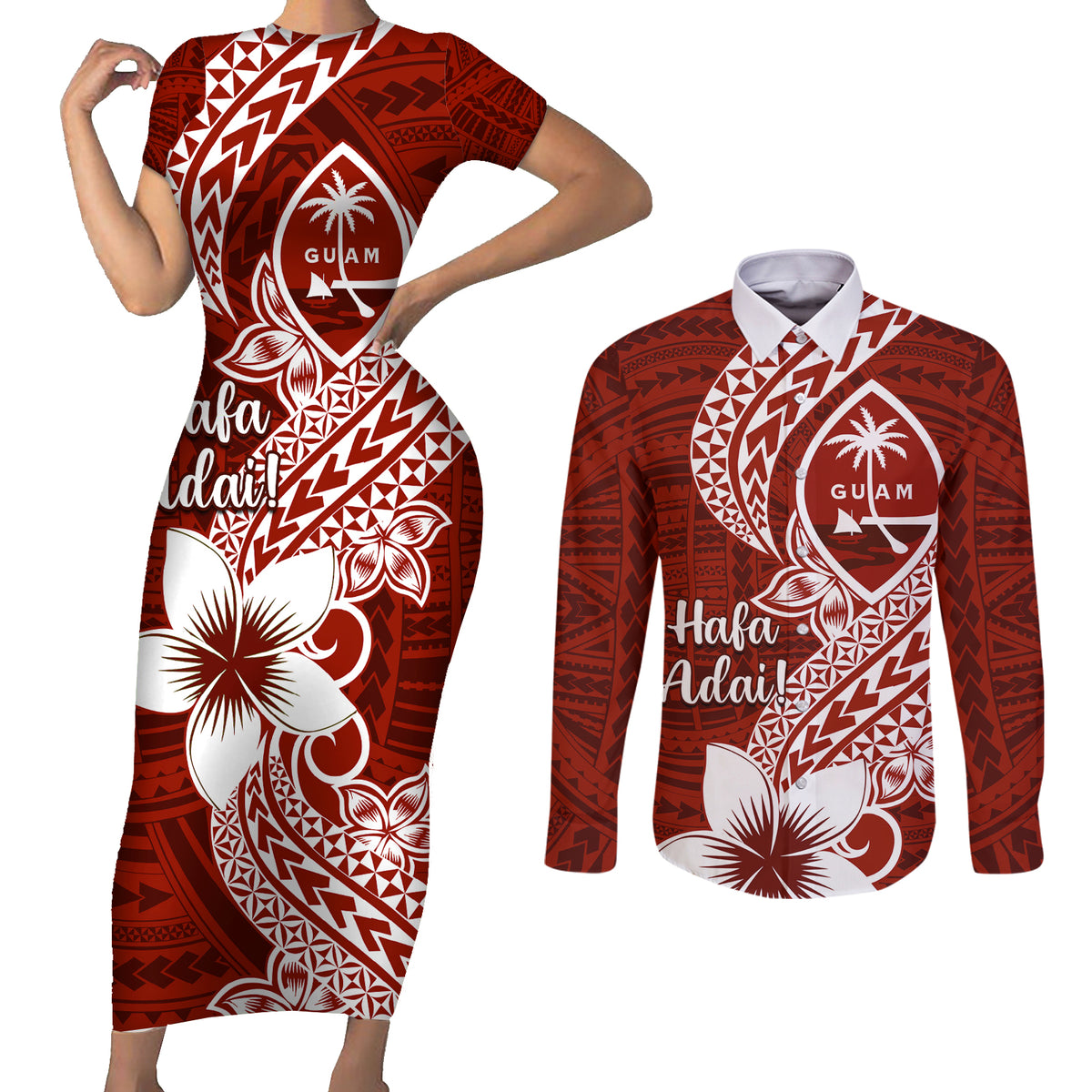 Hafa Adai Guam Couples Matching Short Sleeve Bodycon Dress and Long Sleeve Button Shirt Polynesian Floral Red Pattern LT01 Red - Polynesian Pride