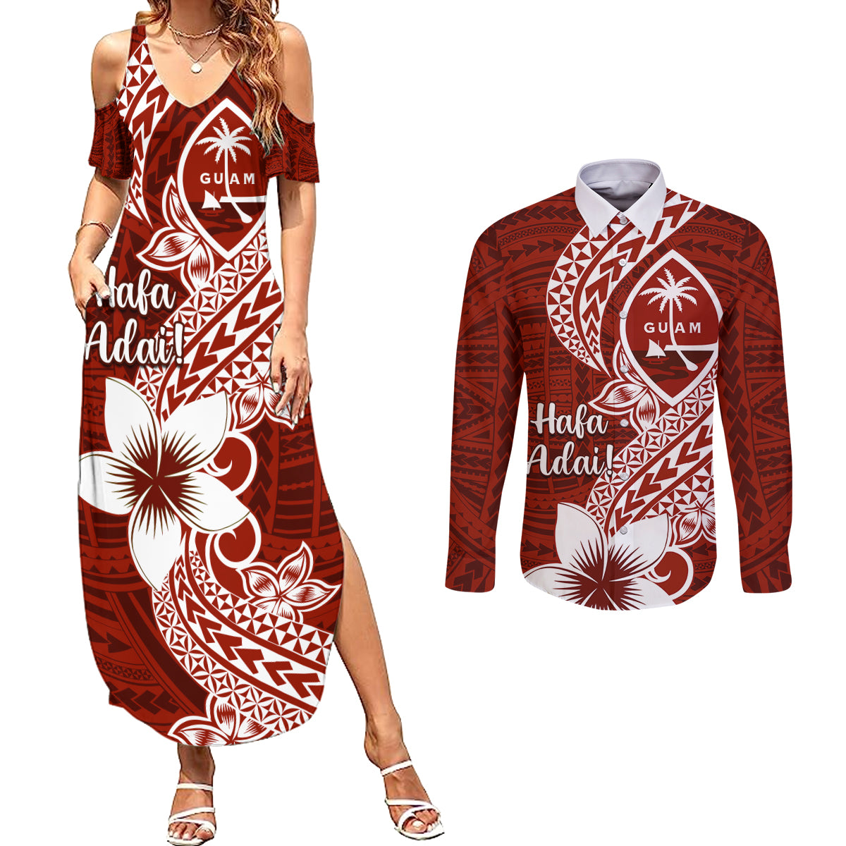 Hafa Adai Guam Couples Matching Summer Maxi Dress and Long Sleeve Button Shirt Polynesian Floral Red Pattern LT01 Red - Polynesian Pride