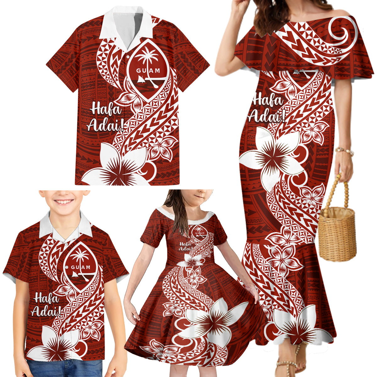 Hafa Adai Guam Family Matching Mermaid Dress and Hawaiian Shirt Polynesian Floral Red Pattern LT01 - Polynesian Pride