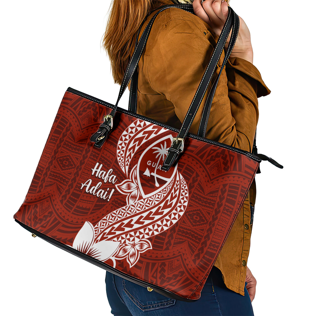 Hafa Adai Guam Leather Tote Bag Polynesian Floral Red Pattern LT01 - Polynesian Pride