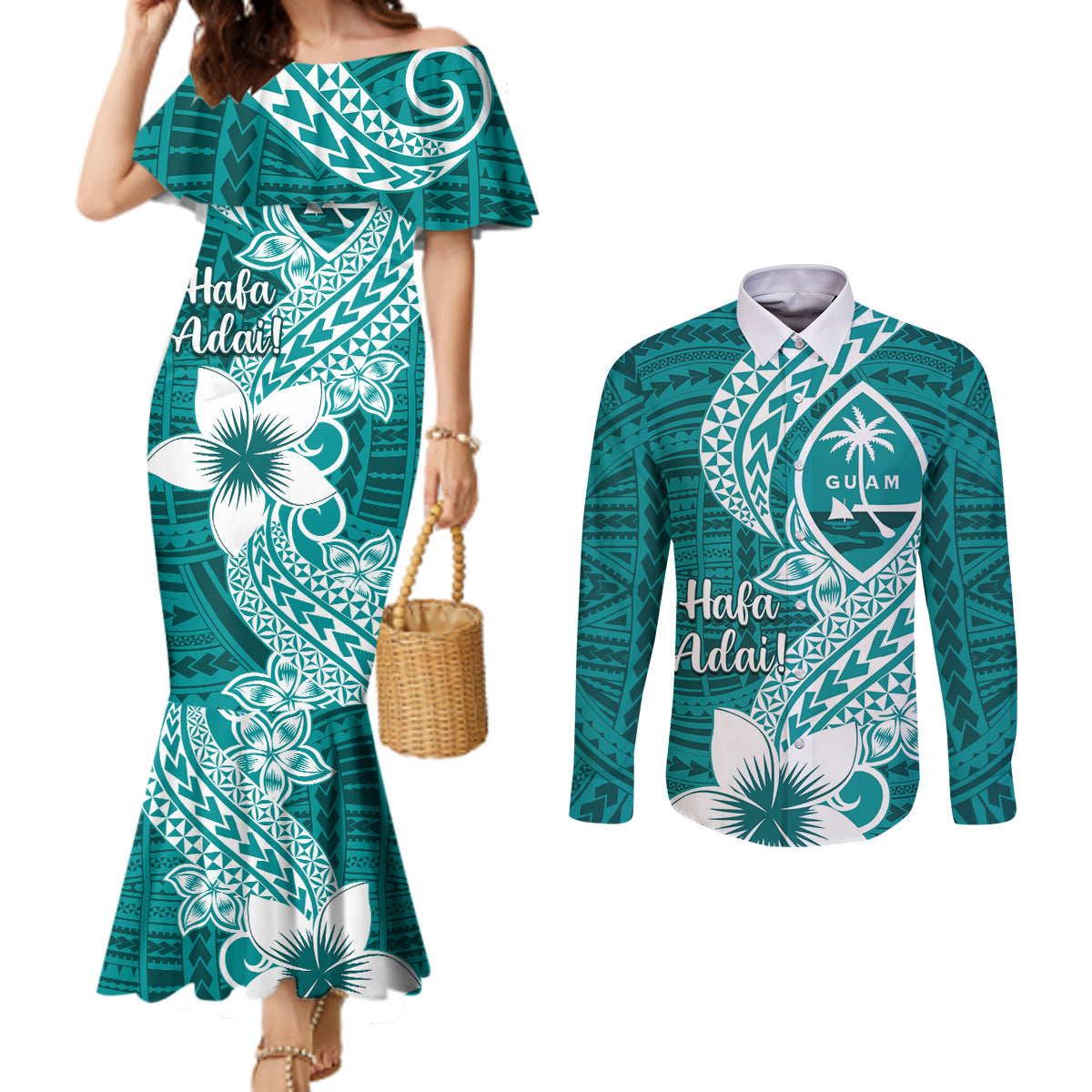Hafa Adai Guam Couples Matching Mermaid Dress and Long Sleeve Button Shirt Polynesian Floral Teal Pattern LT01 Teal - Polynesian Pride