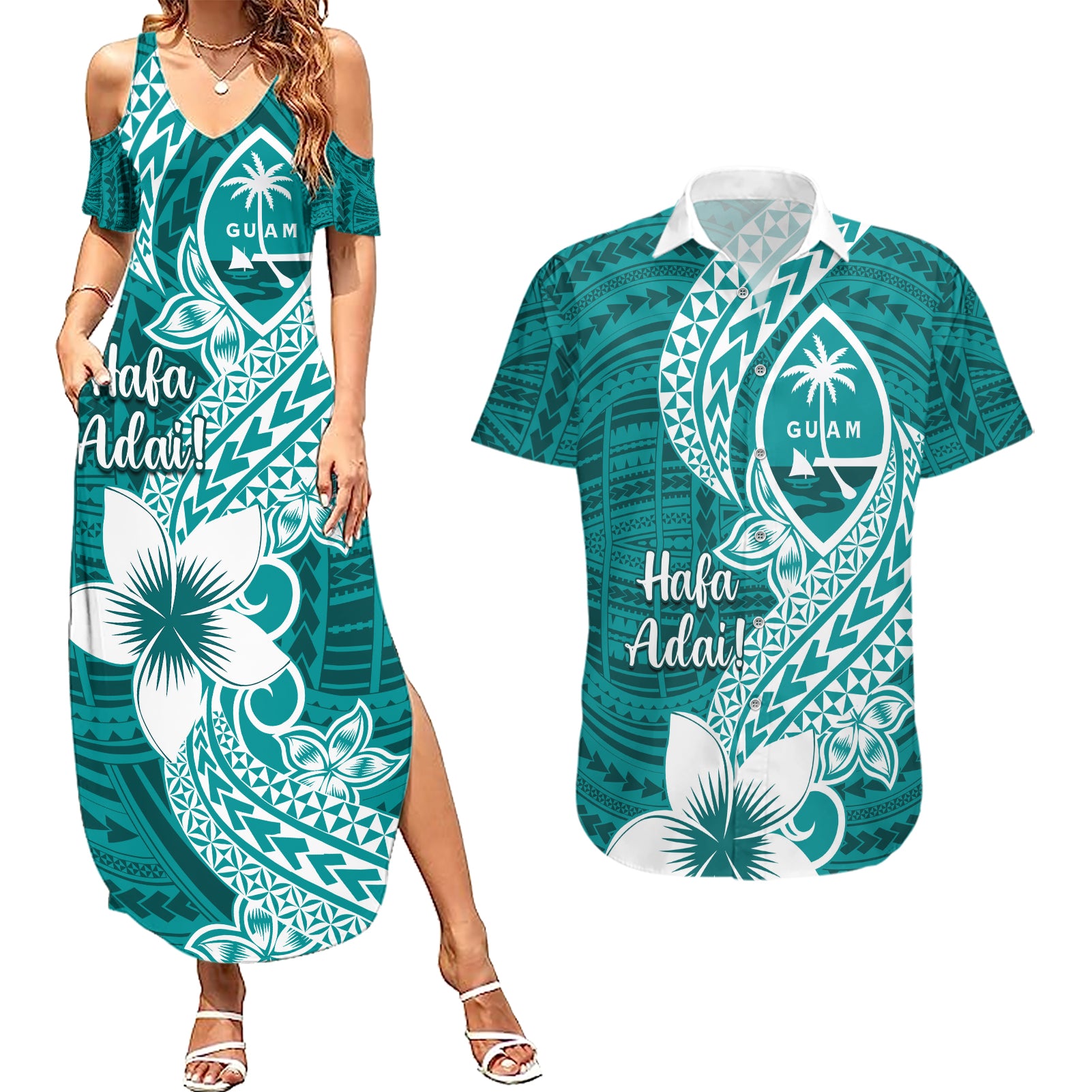 Hafa Adai Guam Couples Matching Summer Maxi Dress and Hawaiian Shirt Polynesian Floral Teal Pattern LT01 Teal - Polynesian Pride