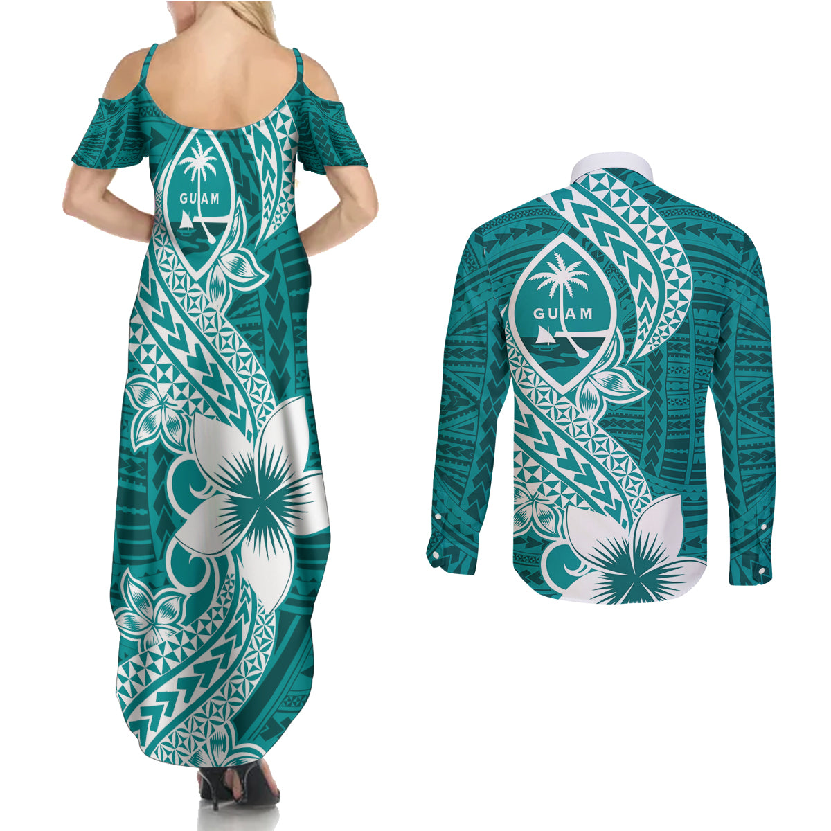 Hafa Adai Guam Couples Matching Summer Maxi Dress and Long Sleeve Button Shirt Polynesian Floral Teal Pattern LT01 - Polynesian Pride