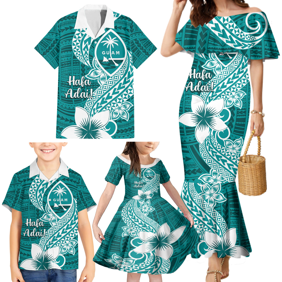 Hafa Adai Guam Family Matching Mermaid Dress and Hawaiian Shirt Polynesian Floral Teal Pattern LT01 - Polynesian Pride