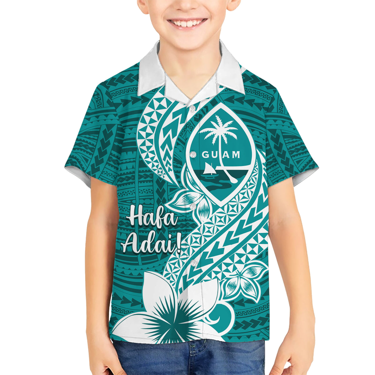 Hafa Adai Guam Kid Hawaiian Shirt Polynesian Floral Teal Pattern LT01 Kid Teal - Polynesian Pride