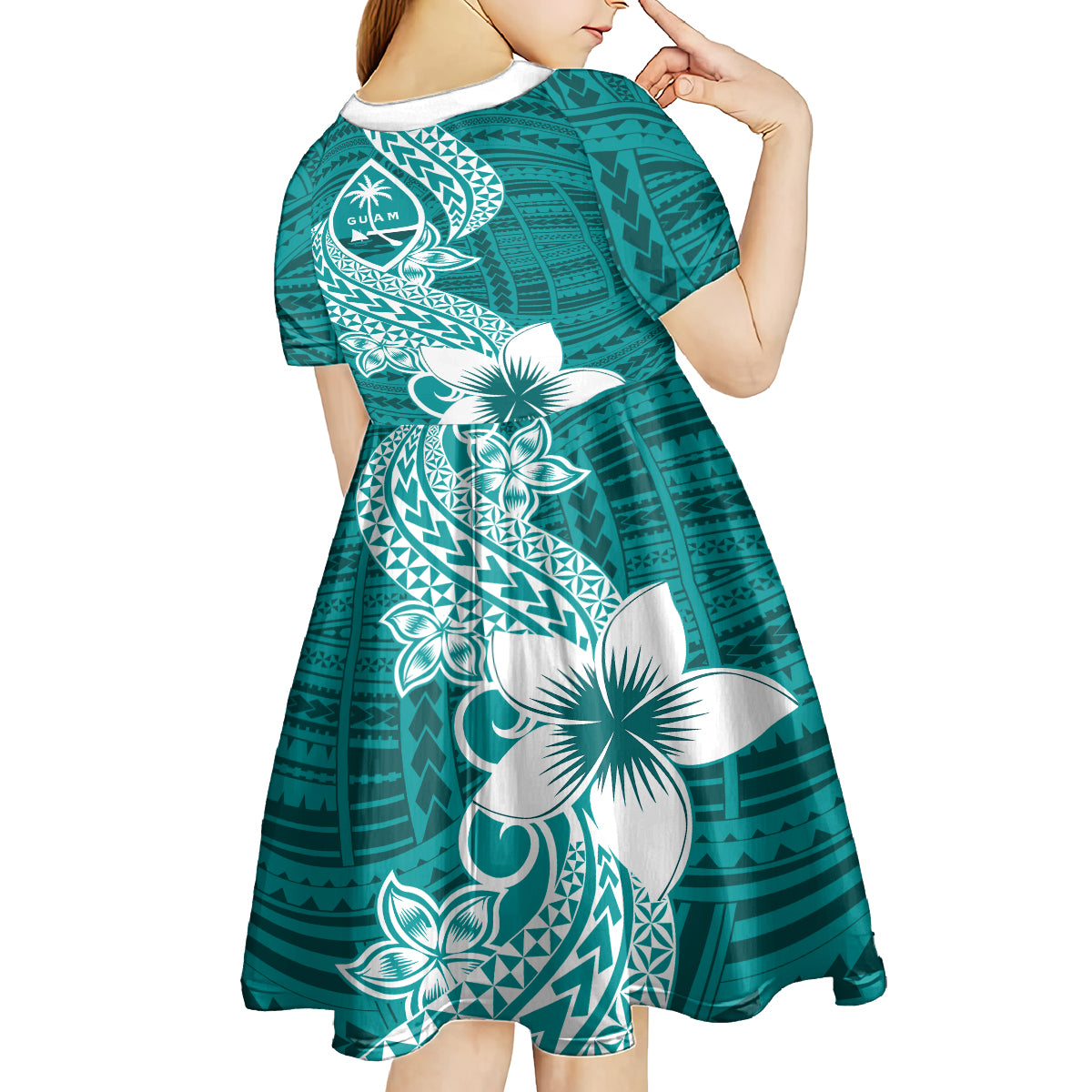 Hafa Adai Guam Kid Short Sleeve Dress Polynesian Floral Teal Pattern LT01 - Polynesian Pride