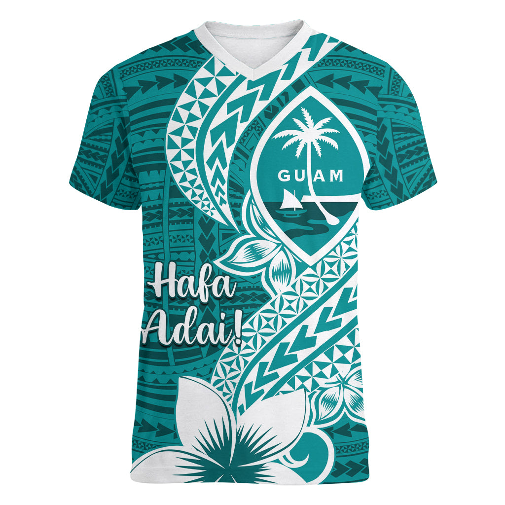 Hafa Adai Guam Women V Neck T Shirt Polynesian Floral Teal Pattern LT01 Female Teal - Polynesian Pride