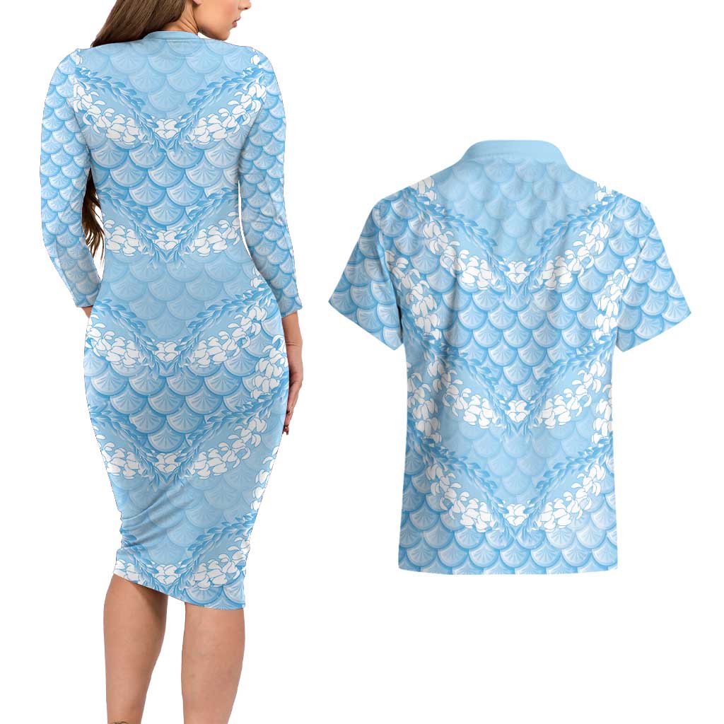 Baby Blue Mermaid Puakenikeni Maile Lei Couples Matching Long Sleeve Bodycon Dress and Hawaiian Shirt LT01 - Polynesian Pride