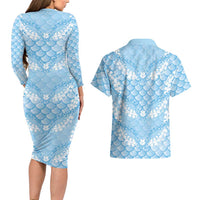 Baby Blue Mermaid Puakenikeni Maile Lei Couples Matching Long Sleeve Bodycon Dress and Hawaiian Shirt LT01 - Polynesian Pride