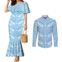 Baby Blue Mermaid Puakenikeni Maile Lei Couples Matching Mermaid Dress and Long Sleeve Button Shirt LT01 Blue - Polynesian Pride
