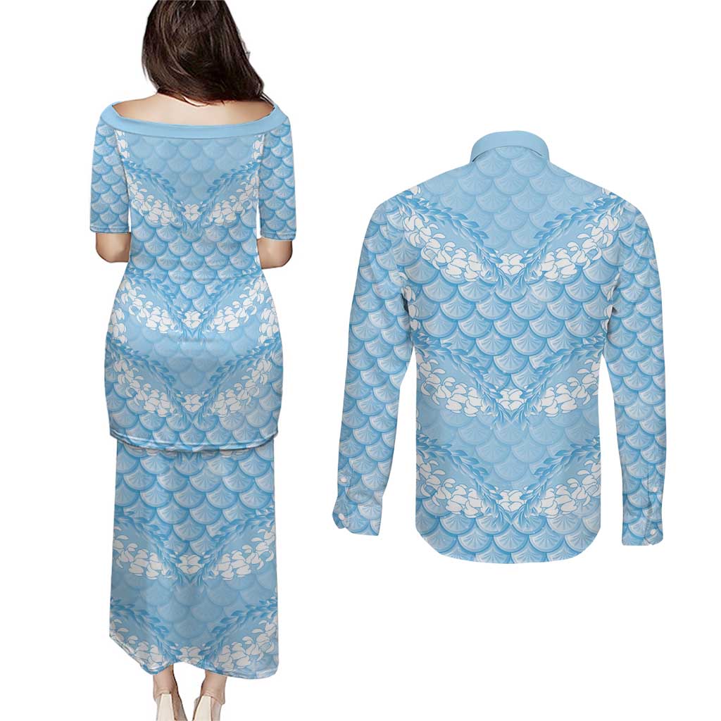 Baby Blue Mermaid Puakenikeni Maile Lei Couples Matching Puletasi and Long Sleeve Button Shirt