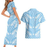 Baby Blue Mermaid Puakenikeni Maile Lei Couples Matching Short Sleeve Bodycon Dress and Hawaiian Shirt LT01 - Polynesian Pride