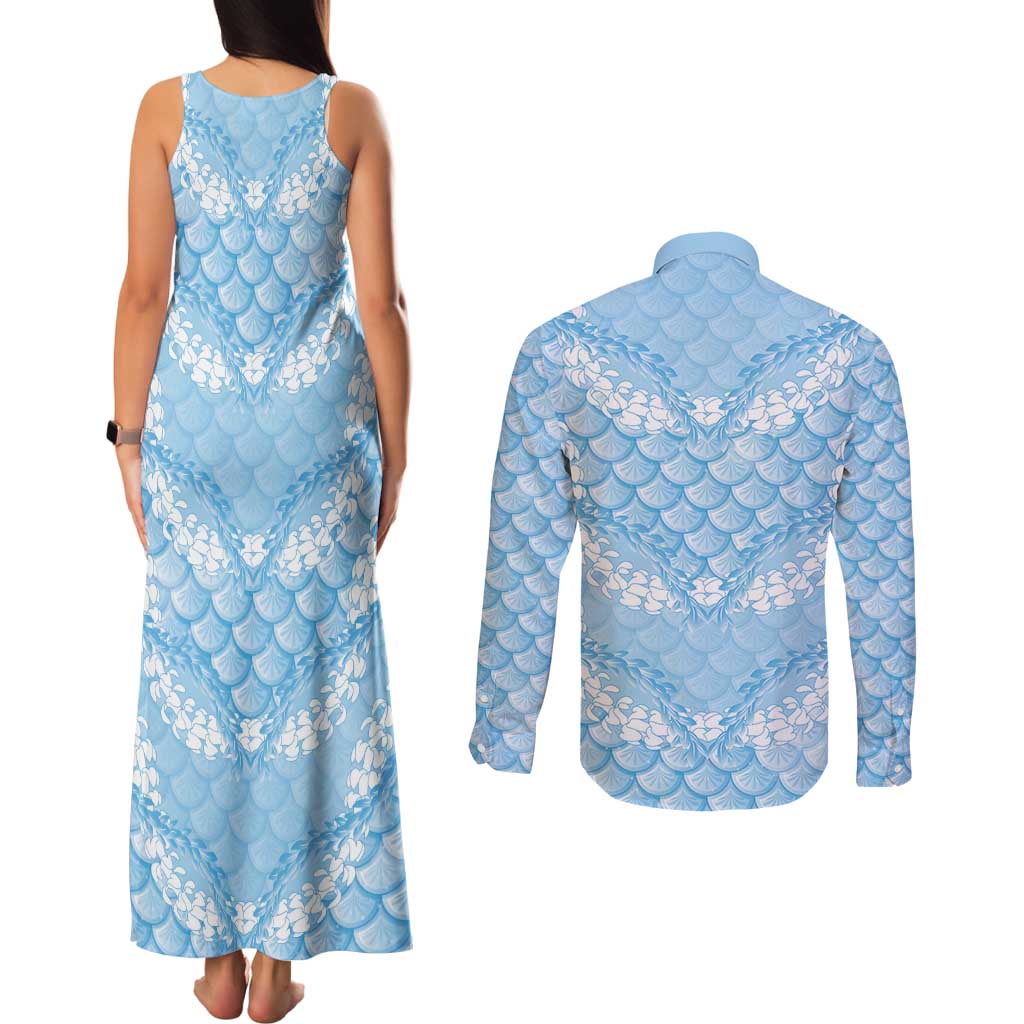 Baby Blue Mermaid Puakenikeni Maile Lei Couples Matching Tank Maxi Dress and Long Sleeve Button Shirt LT01 - Polynesian Pride