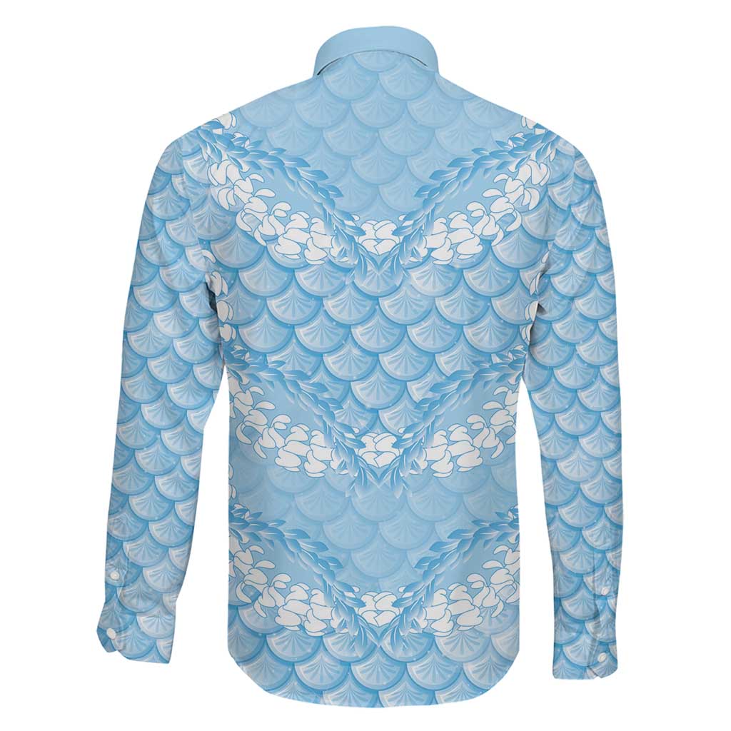 Baby Blue Mermaid Puakenikeni Maile Lei Family Matching Off The Shoulder Long Sleeve Dress and Hawaiian Shirt LT01 - Polynesian Pride