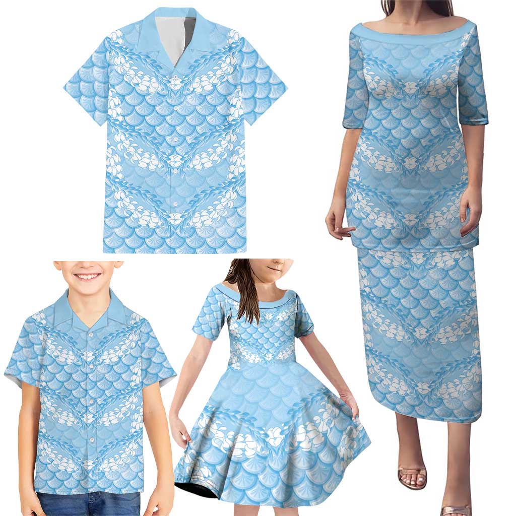 Baby Blue Mermaid Puakenikeni Maile Lei Family Matching Puletasi and Hawaiian Shirt LT01 - Polynesian Pride