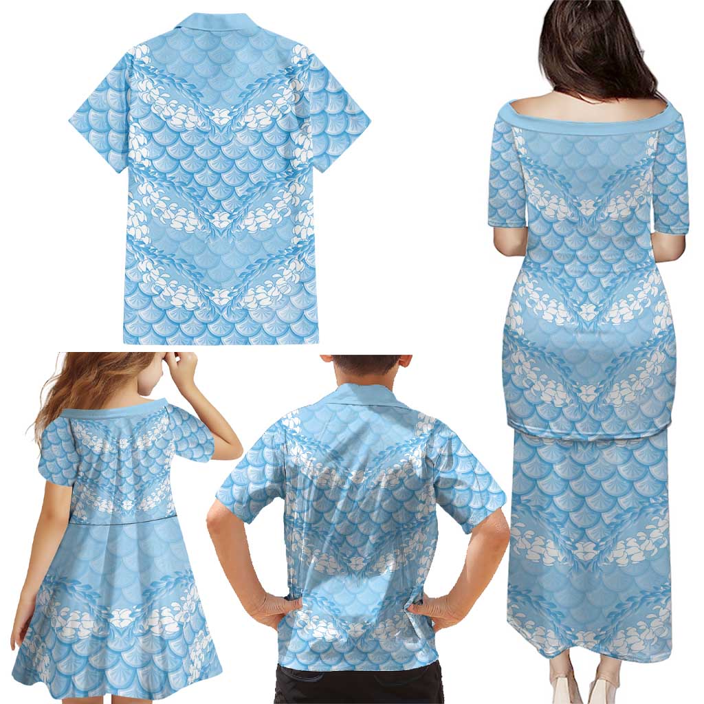 Baby Blue Mermaid Puakenikeni Maile Lei Family Matching Puletasi and Hawaiian Shirt LT01 - Polynesian Pride