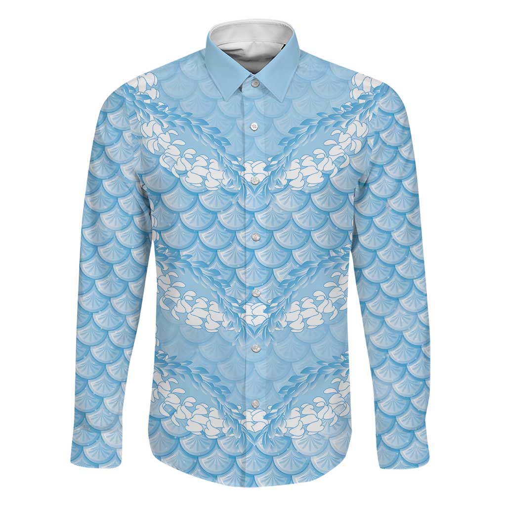 Baby Blue Mermaid Puakenikeni Maile Lei Family Matching Puletasi and Hawaiian Shirt LT01 Dad's Shirt - Long Sleeve Blue - Polynesian Pride