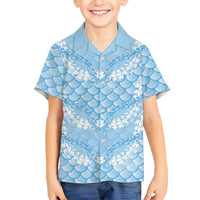 Baby Blue Mermaid Puakenikeni Maile Lei Family Matching Short Sleeve Bodycon Dress and Hawaiian Shirt LT01 Son's Shirt Blue - Polynesian Pride