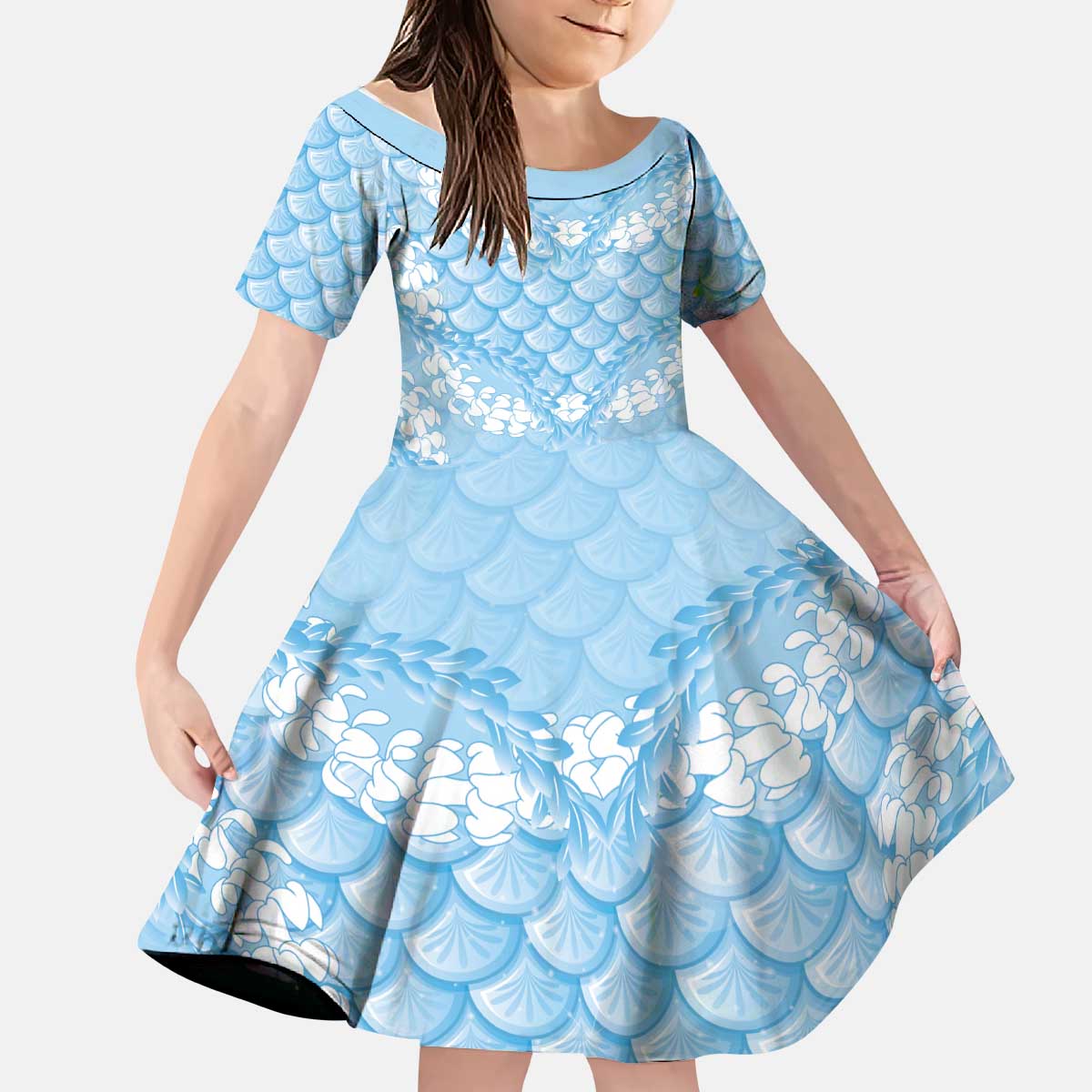 Baby Blue Mermaid Puakenikeni Maile Lei Kid Short Sleeve Dress LT01 KID Blue - Polynesian Pride