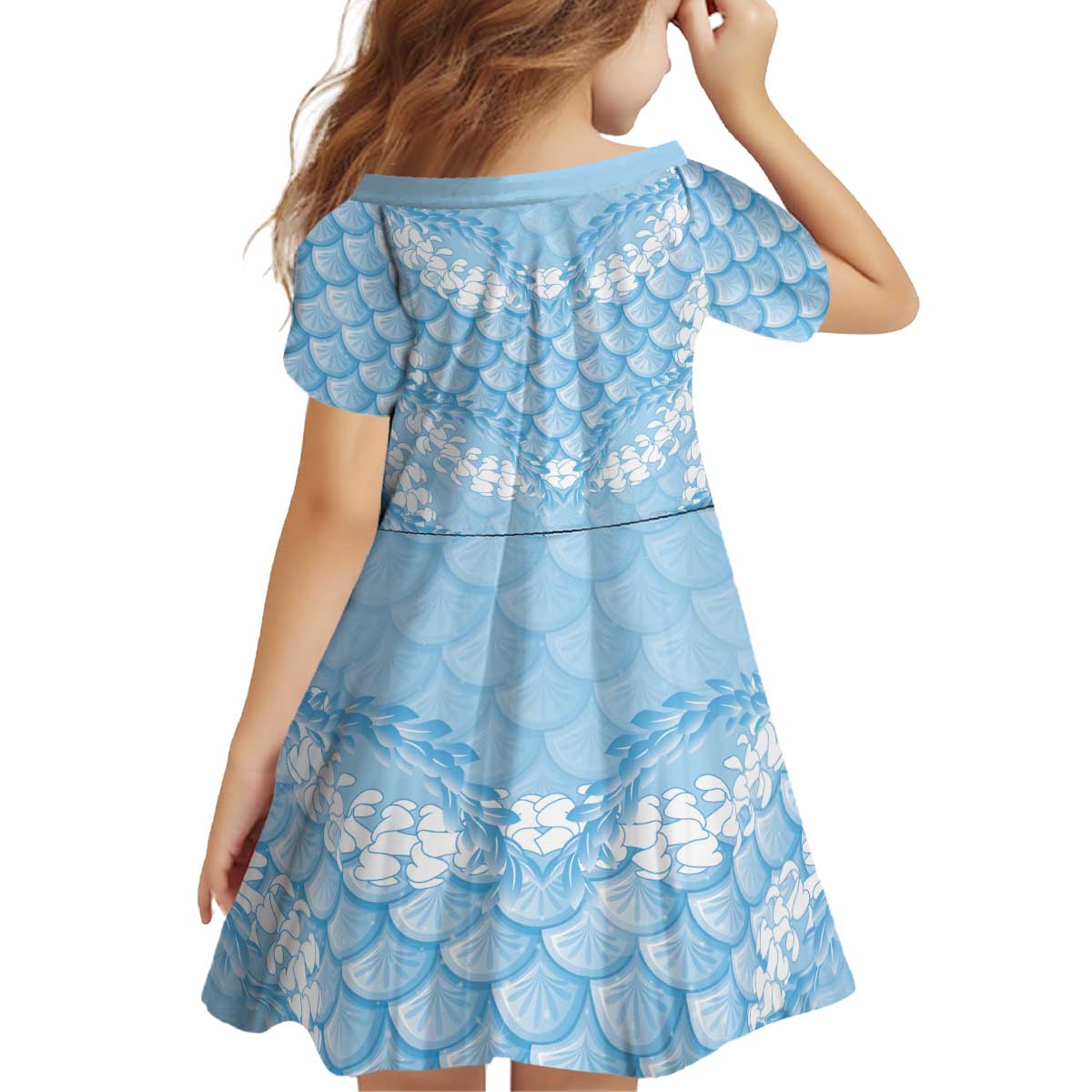 Baby Blue Mermaid Puakenikeni Maile Lei Kid Short Sleeve Dress LT01 - Polynesian Pride