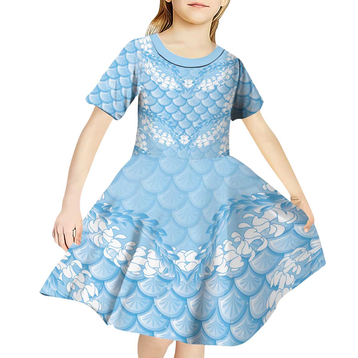 Baby Blue Mermaid Puakenikeni Maile Lei Kid Short Sleeve Dress LT01 - Polynesian Pride