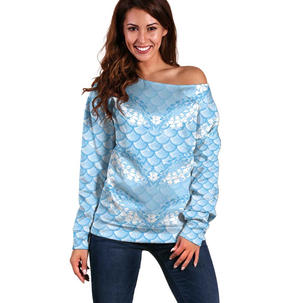 Baby Blue Mermaid Puakenikeni Maile Lei Off Shoulder Sweater