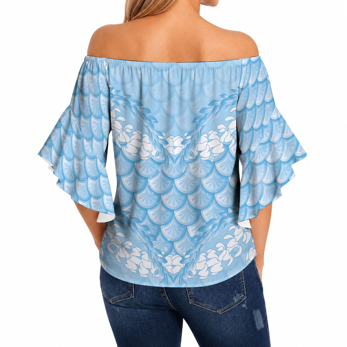 Baby Blue Mermaid Puakenikeni Maile Lei Off Shoulder Wrap Waist Top LT01 - Polynesian Pride