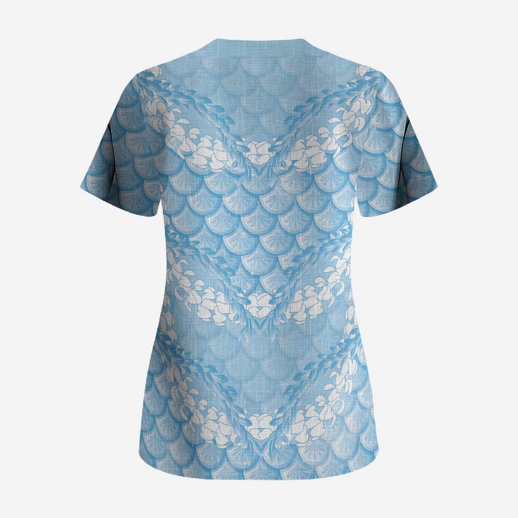 Baby Blue Mermaid Puakenikeni Maile Lei Scrub Top