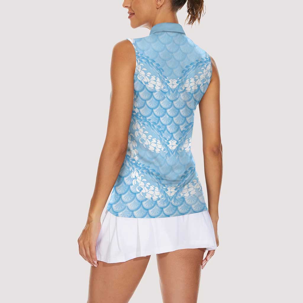 Baby Blue Mermaid Puakenikeni Maile Lei Women Sleeveless Polo Shirt LT01 - Polynesian Pride