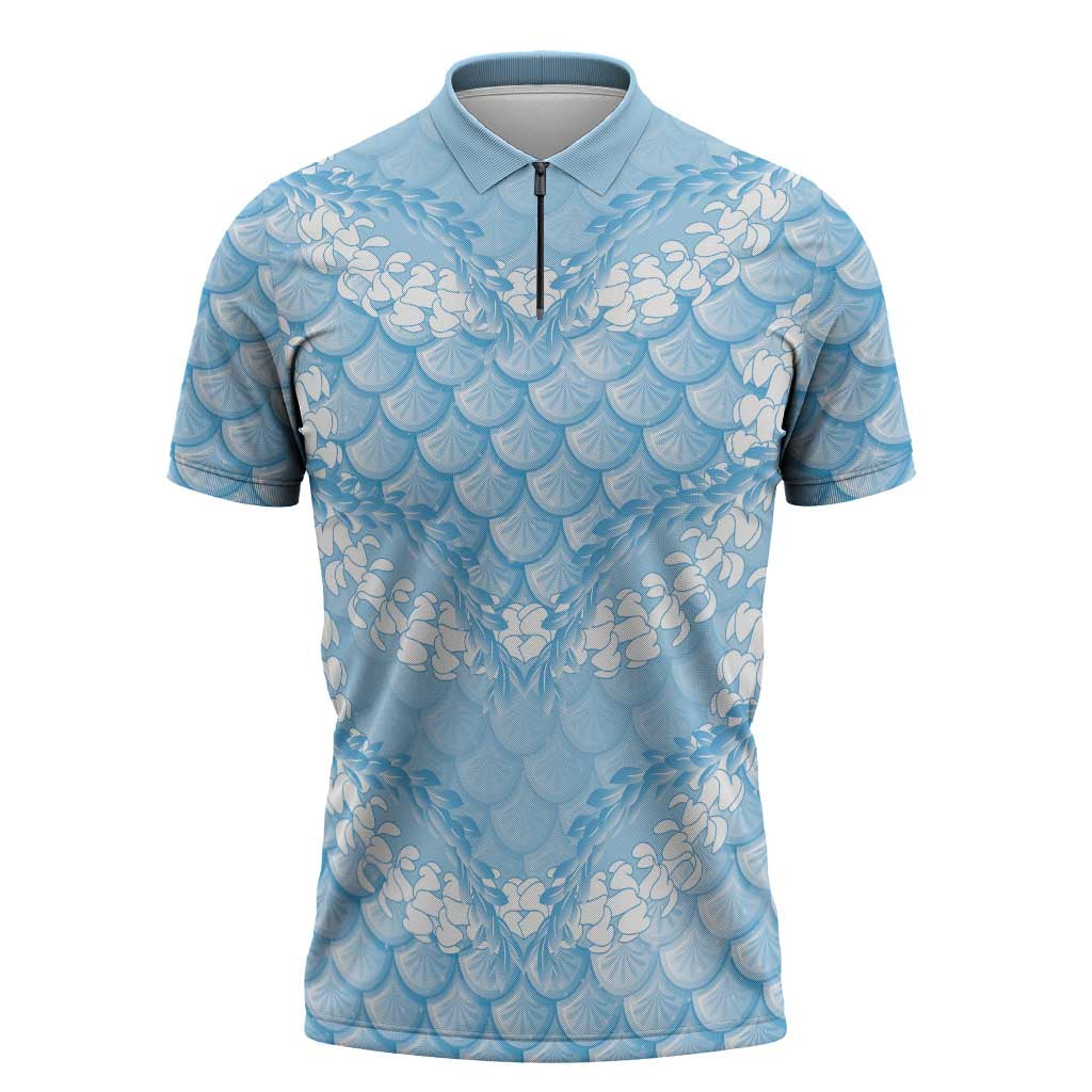 Baby Blue Mermaid Puakenikeni Maile Lei Zipper Polo Shirt