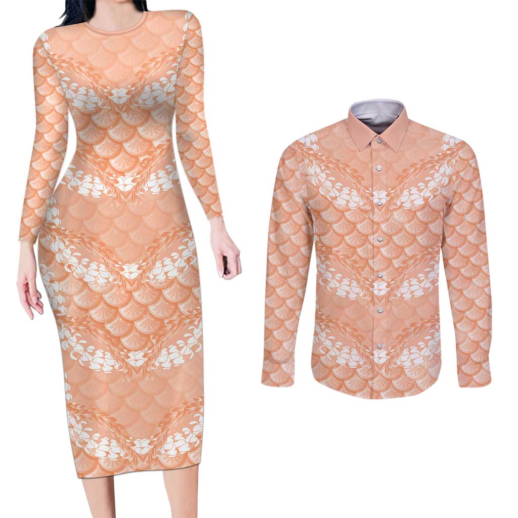 Apricot Mermaid Puakenikeni Maile Lei Couples Matching Long Sleeve Bodycon Dress and Long Sleeve Button Shirt LT01 Apricot - Polynesian Pride