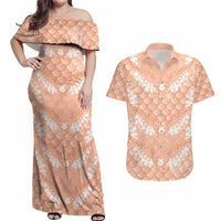 Apricot Mermaid Puakenikeni Maile Lei Couples Matching Off Shoulder Maxi Dress and Hawaiian Shirt LT01 Apricot - Polynesian Pride