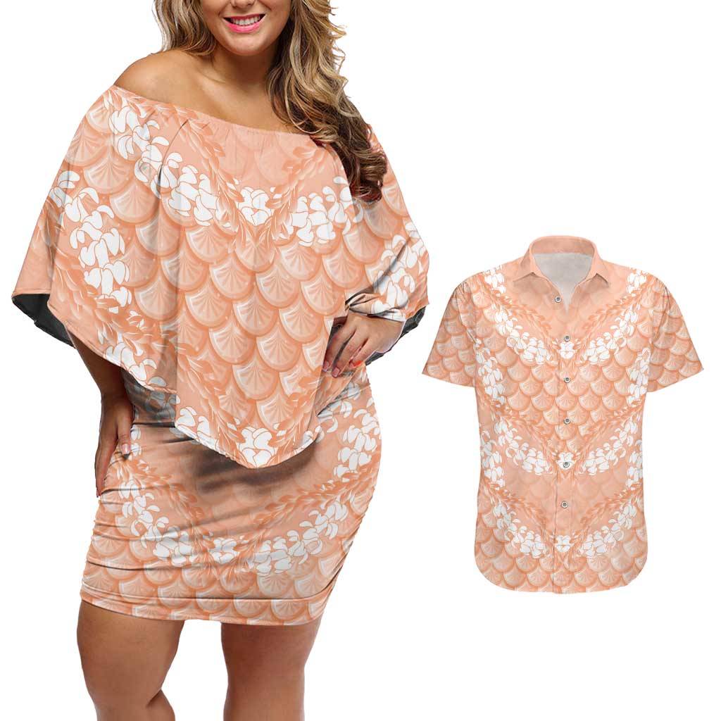 Apricot Mermaid Puakenikeni Maile Lei Couples Matching Off Shoulder Short Dress and Hawaiian Shirt LT01 Apricot - Polynesian Pride