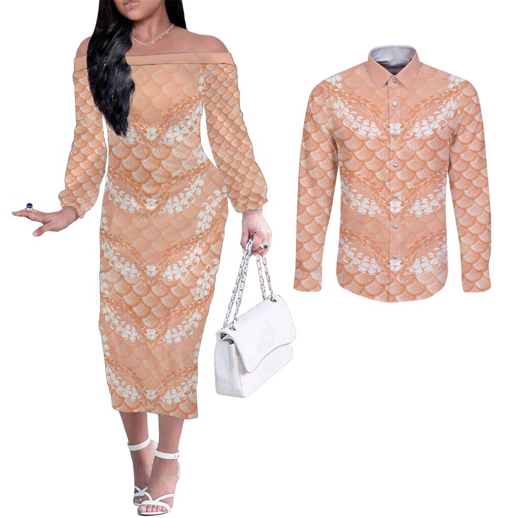 Apricot Mermaid Puakenikeni Maile Lei Couples Matching Off The Shoulder Long Sleeve Dress and Long Sleeve Button Shirt