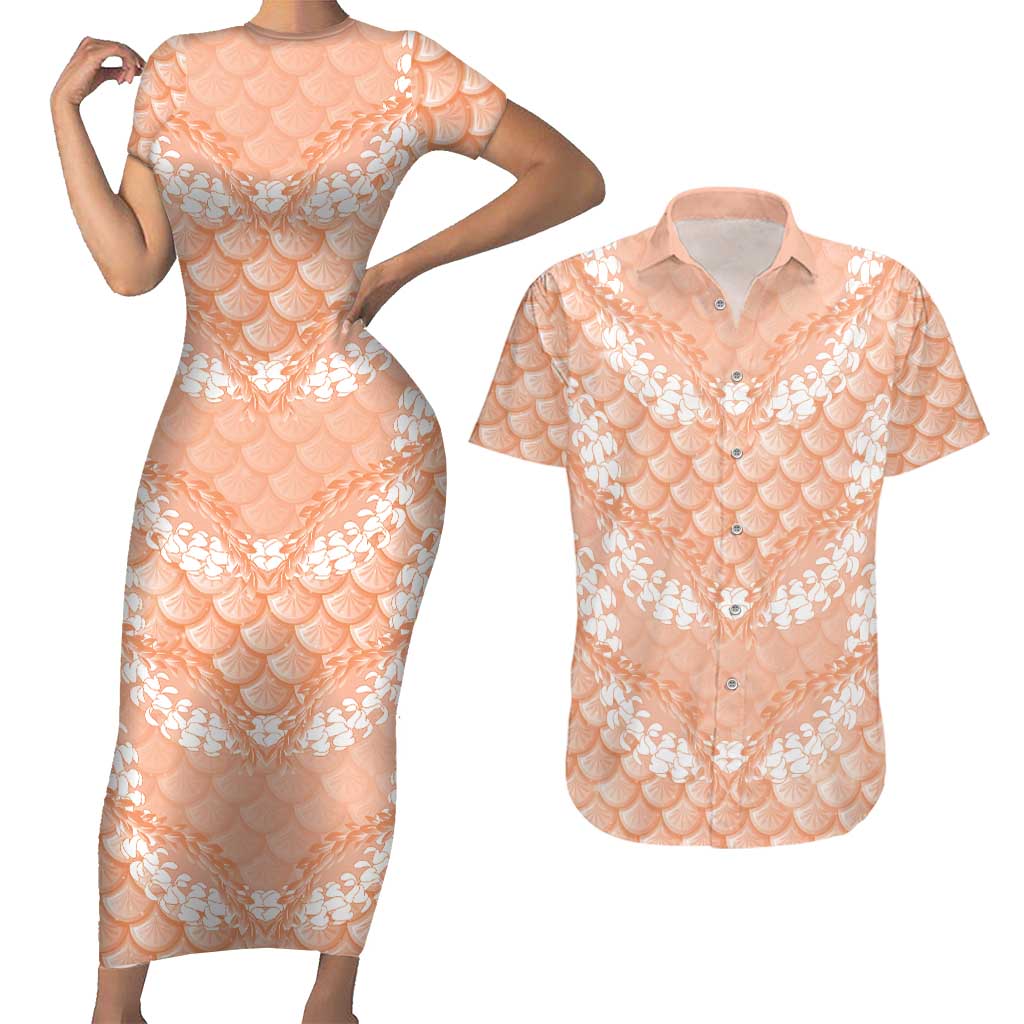 Apricot Mermaid Puakenikeni Maile Lei Couples Matching Short Sleeve Bodycon Dress and Hawaiian Shirt LT01 Apricot - Polynesian Pride