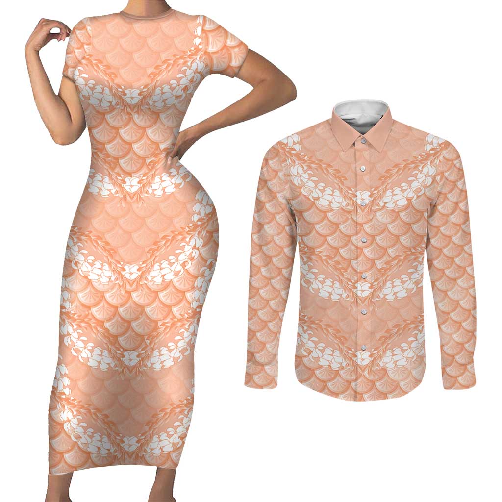 Apricot Mermaid Puakenikeni Maile Lei Couples Matching Short Sleeve Bodycon Dress and Long Sleeve Button Shirt LT01 Apricot - Polynesian Pride