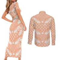Apricot Mermaid Puakenikeni Maile Lei Couples Matching Short Sleeve Bodycon Dress and Long Sleeve Button Shirt LT01 - Polynesian Pride