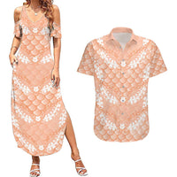 Apricot Mermaid Puakenikeni Maile Lei Couples Matching Summer Maxi Dress and Hawaiian Shirt LT01 Apricot - Polynesian Pride