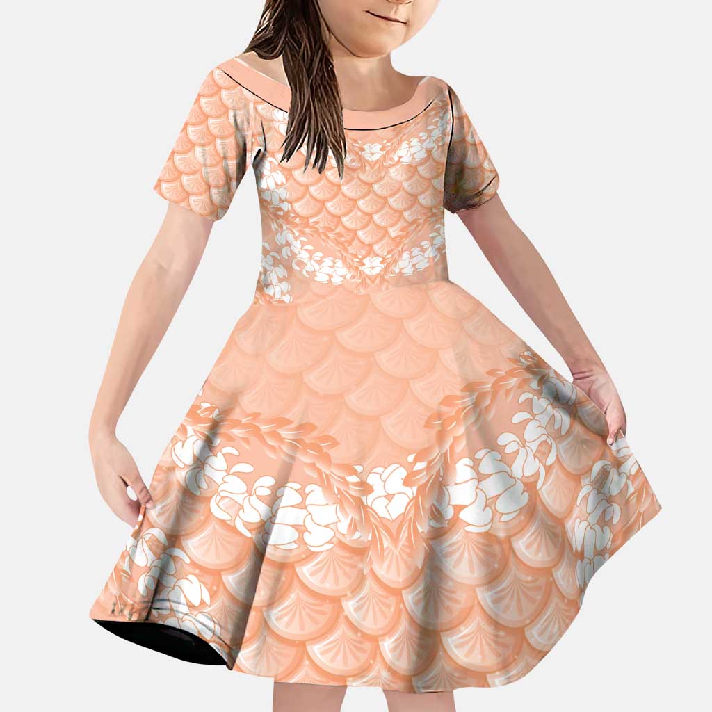 Apricot Mermaid Puakenikeni Maile Lei Family Matching Off Shoulder Short Dress and Hawaiian Shirt LT01 Daughter's Dress Apricot - Polynesian Pride