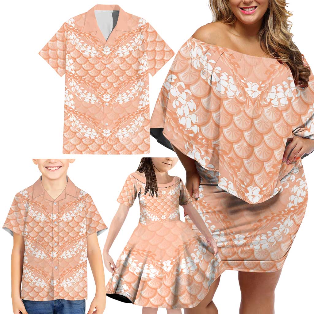 Apricot Mermaid Puakenikeni Maile Lei Family Matching Off Shoulder Short Dress and Hawaiian Shirt LT01 - Polynesian Pride