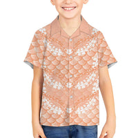 Apricot Mermaid Puakenikeni Maile Lei Family Matching Off Shoulder Short Dress and Hawaiian Shirt LT01 Son's Shirt Apricot - Polynesian Pride