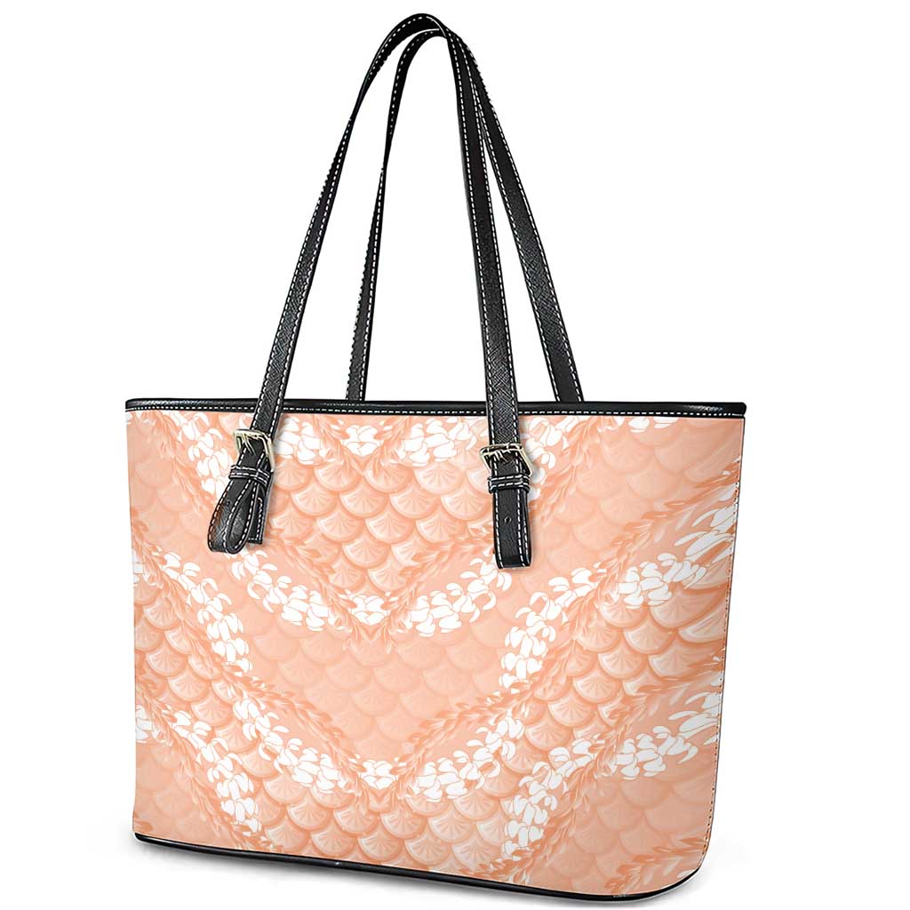 Apricot Mermaid Puakenikeni Maile Lei Leather Tote Bag