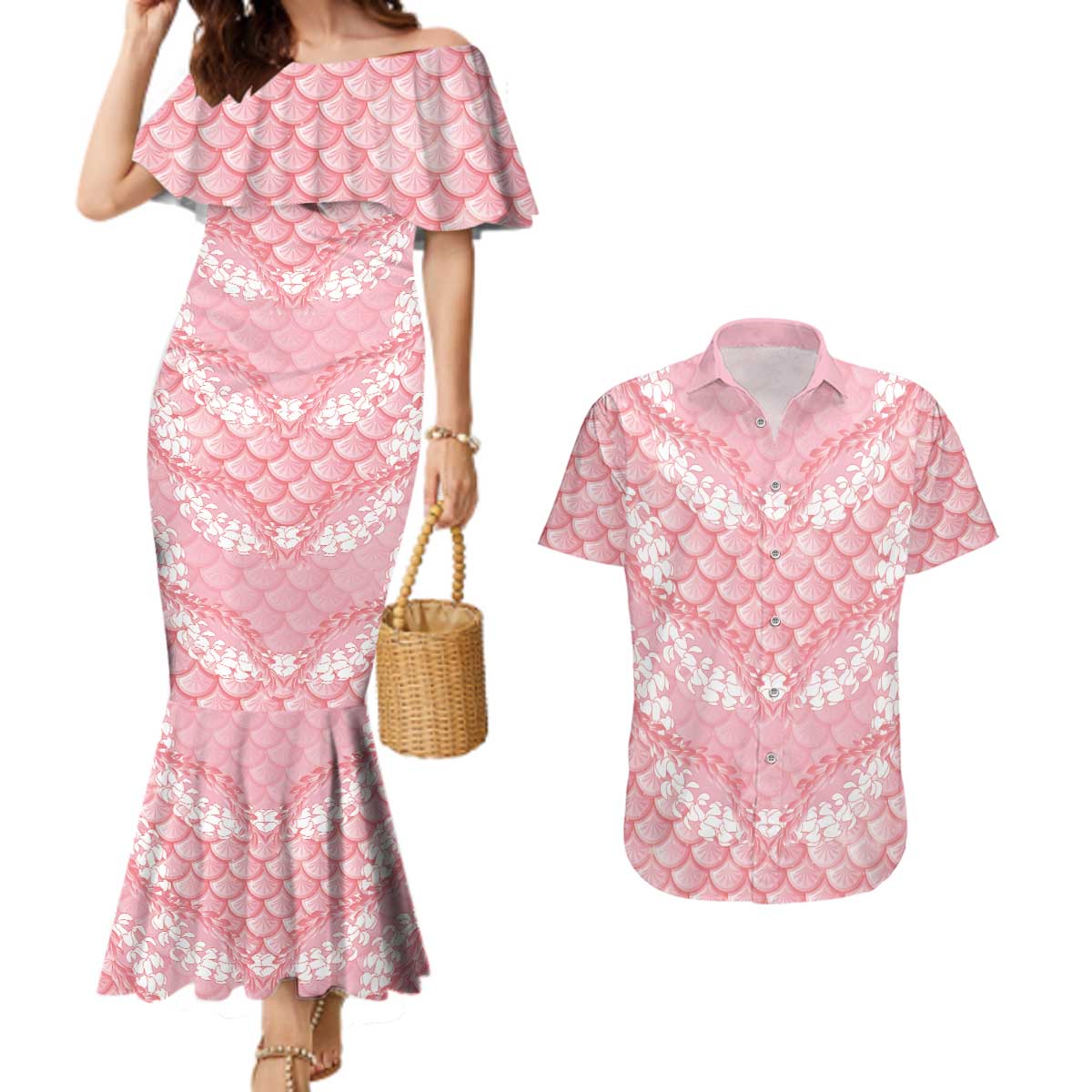 Soft Pink Mermaid Puakenikeni Maile Lei Couples Matching Mermaid Dress and Hawaiian Shirt LT01 Pink - Polynesian Pride
