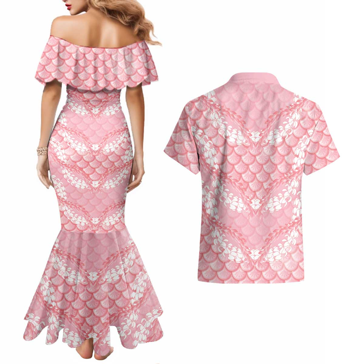 Soft Pink Mermaid Puakenikeni Maile Lei Couples Matching Mermaid Dress and Hawaiian Shirt LT01 - Polynesian Pride