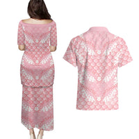 Soft Pink Mermaid Puakenikeni Maile Lei Couples Matching Puletasi and Hawaiian Shirt