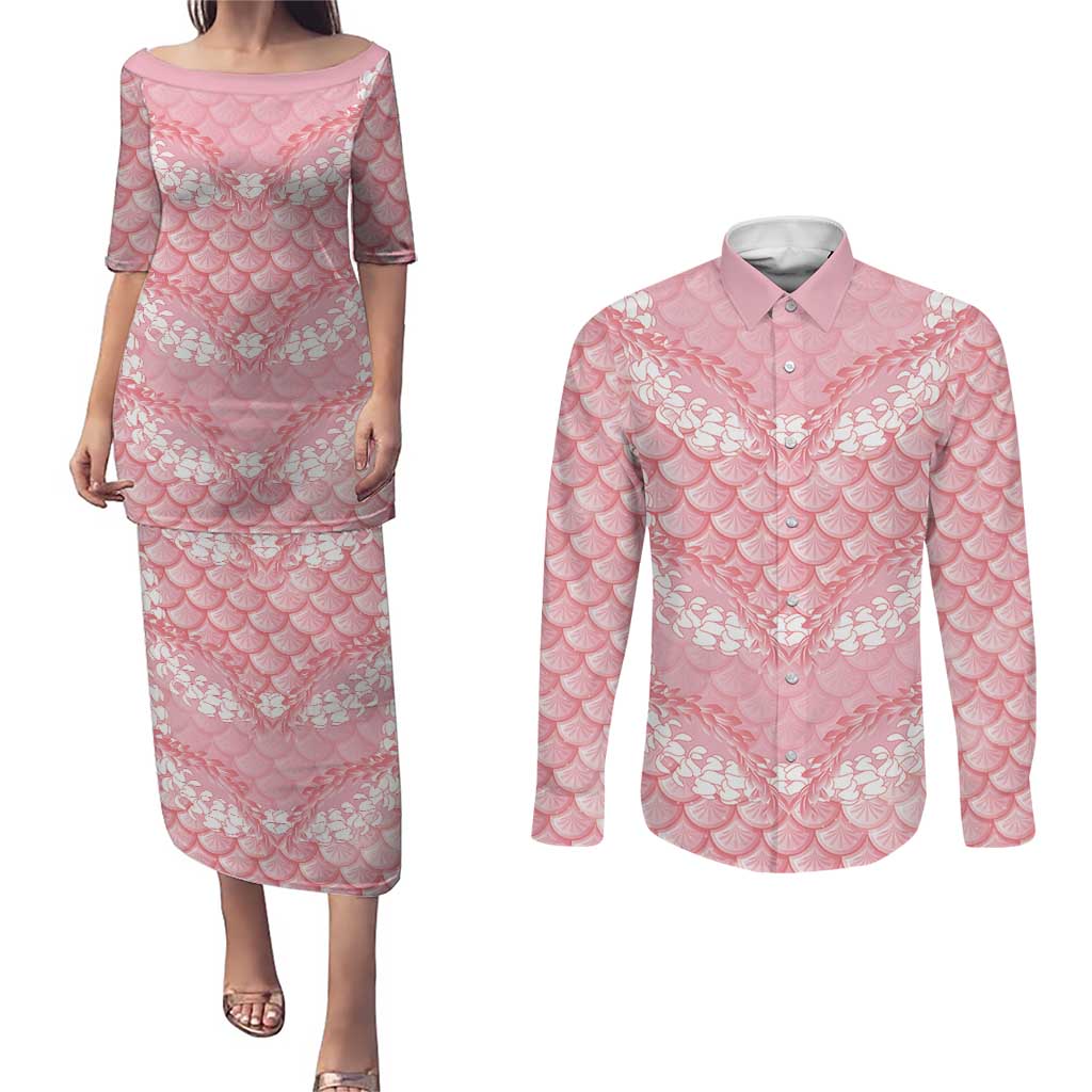 Soft Pink Mermaid Puakenikeni Maile Lei Couples Matching Puletasi and Long Sleeve Button Shirt