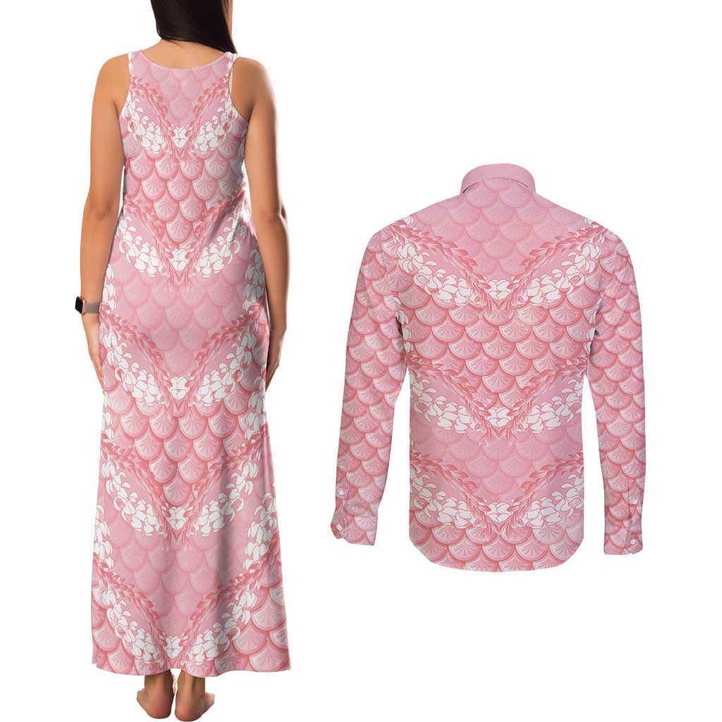 Soft Pink Mermaid Puakenikeni Maile Lei Couples Matching Tank Maxi Dress and Long Sleeve Button Shirt