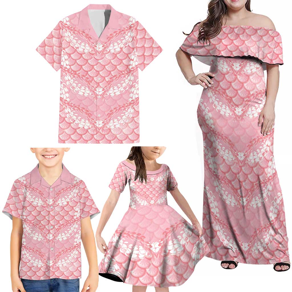 Soft Pink Mermaid Puakenikeni Maile Lei Family Matching Off Shoulder Maxi Dress and Hawaiian Shirt LT01 - Polynesian Pride